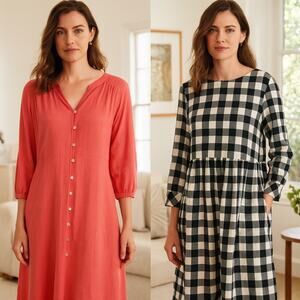 J. Jill Dress Lot – Coral Button Front Dress + Black Gingham Dress | Large